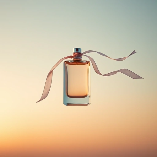 A minimalist, elegant perfume bottle floating in mid-air against a soft gradient sky at golden hour, symbolizing freedom and lightness, with delicate translucent ribbons flowing from the bottle like wind, no text, no labels, no logos, no people, no objects other than the bottle and ribbons, ethereal and serene atmosphere, smallHQ style