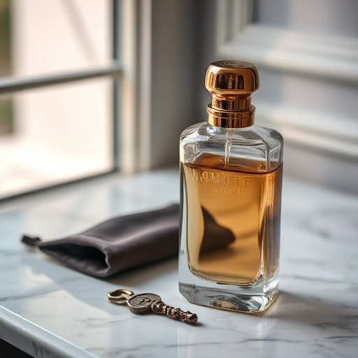 A close-up of an elegant glass perfume bottle with a golden cap, placed on a marble surface beside a small velvet pouch and a vintage key, soft natural light from a nearby window, subtle reflections on the glass, minimalist and luxurious atmosphere