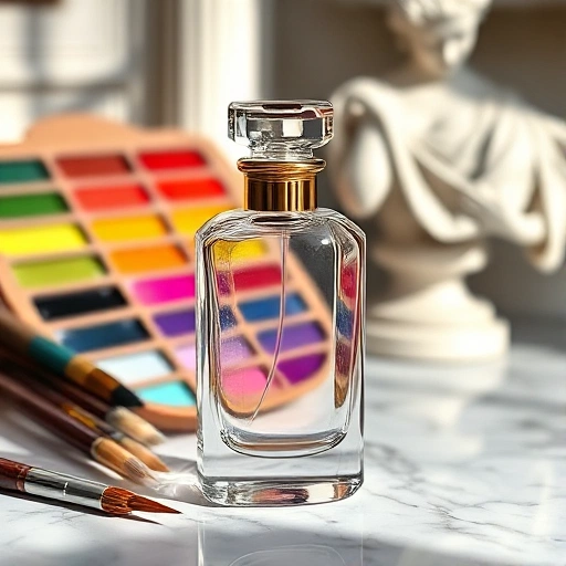 An elegant perfume bottle made of clear glass with a golden cap, placed on a marble surface surrounded by artistic elements such as paintbrushes, a palette with vibrant colors, and a classical sculpture in the background, soft natural lighting, luxurious and refined atmosphere
