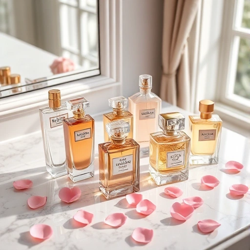 A luxurious display of popular women's perfumes arranged on a marble vanity, featuring elegant glass bottles with gold and crystal accents, soft natural lighting from a nearby window, delicate rose petals scattered around, and a subtle reflection on the polished surface — no text, no labels, no branding visible