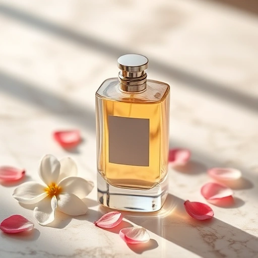 A modern, elegant perfume bottle with a minimalist design, placed on a soft marble surface, surrounded by delicate floral elements like jasmine and rose petals, subtle golden light reflections, high-end luxury aesthetic, shallow depth of field, soft natural lighting