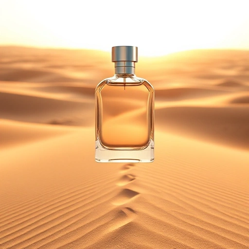 A minimalist, elegant perfume bottle made of clear glass with a silver cap, floating in mid-air above an open desert landscape at golden hour, with soft wind-blown sand trails leading toward the horizon, symbolizing freedom and aspiration, no text, no logos, no people, no animals, no urban elements