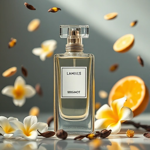 A modern perfume bottle with elegant glass design, surrounded by floating floral and citrus elements like jasmine, bergamot, and vanilla pods, soft natural lighting, minimalist luxury aesthetic, high detail, shallow depth of field