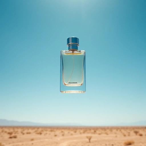 A minimalist, elegant perfume bottle made of clear glass with a silver cap, floating in mid-air above a vast open desert landscape under a bright blue sky, symbolizing freedom and aspiration, soft natural lighting, no text, no logos, no people, no additional objects