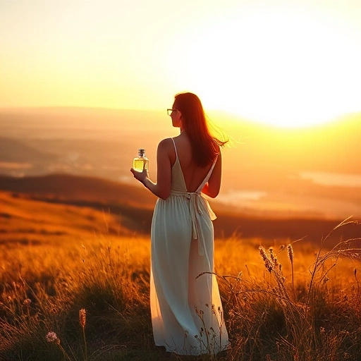 A person standing on a quiet hill at golden hour, looking out over a vast landscape with soft light, wearing simple elegant clothing, holding a small glass perfume bottle that reflects the sunset, surrounded by wildflowers and gentle wind, evoking a sense of self-discovery and quiet belonging