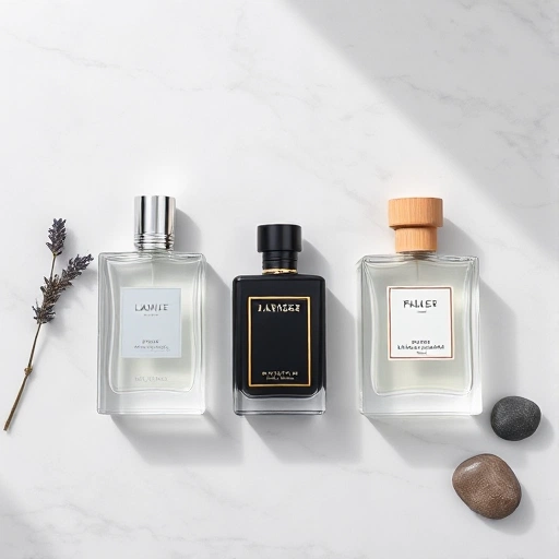 A minimalist, high-quality flat lay of popular unisex perfumes: three elegant glass bottles with clean, modern designs — one clear with a silver cap, one matte black with gold accents, one translucent white with a wooden stopper — arranged symmetrically on a soft gray marble surface, surrounded by subtle natural elements like a single sprig of lavender and a few smooth river stones, soft diffused daylight from a nearby window, no text, no logos, no labels, no people, no clutter