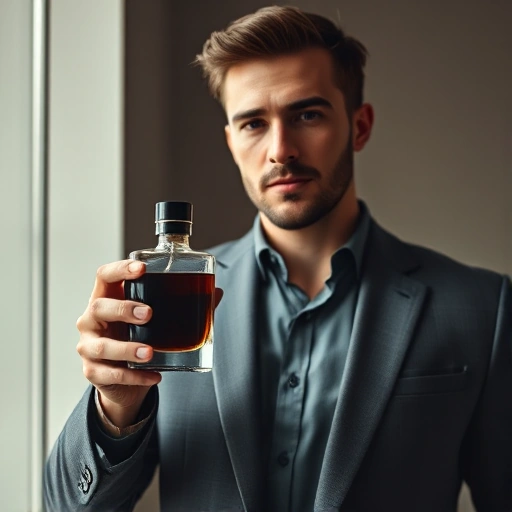 A sophisticated man in a modern setting, holding a sleek glass perfume bottle with a dark amber liquid, surrounded by subtle hints of masculine fragrance notes like cedarwood, vetiver, and citrus peels floating gently in the air, soft natural lighting, minimalist background with neutral tones, high detail, photorealistic
