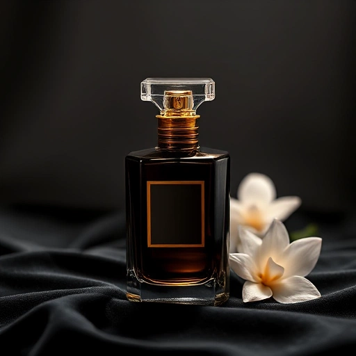 An elegant evening perfume bottle made of dark glass with golden accents, placed on a velvet black surface under soft spotlight lighting, surrounded by subtle hints of night-blooming flowers like jasmine and tuberose, evoking sophistication and luxury for formal events