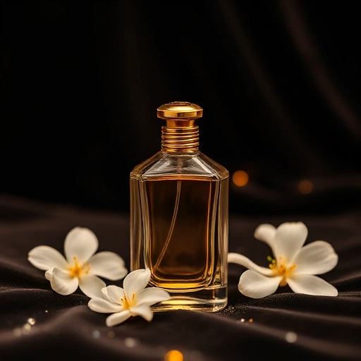 A luxurious perfume bottle made of clear glass with a gold cap, placed on a dark velvet surface with soft golden lighting, surrounded by delicate white jasmine flowers and subtle sparkles, evoking elegance and high quality