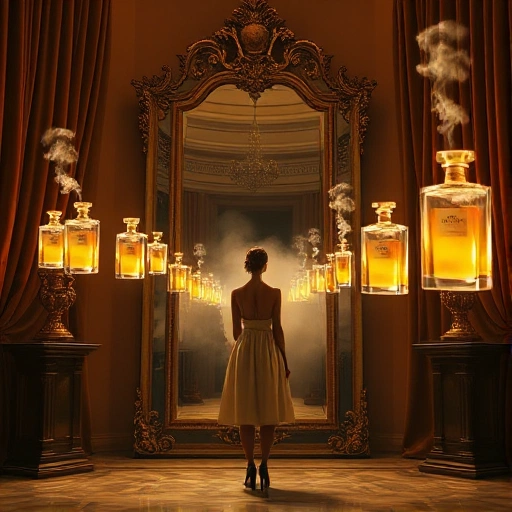 A person standing before a large ornate mirror, their reflection showing a different, idealized version of themselves wearing elegant clothing and surrounded by floating perfume bottles emitting soft glowing mist, warm golden lighting, luxurious interior with velvet drapes and marble floor, ethereal and introspective atmosphere