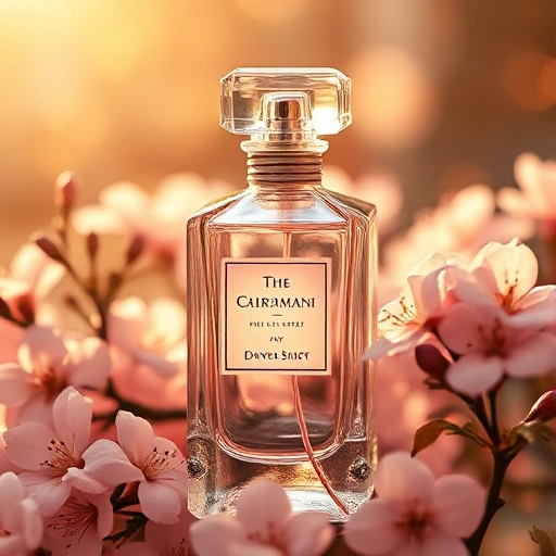 A luxurious perfume bottle with a delicate glass design, surrounded by blooming flowers and soft golden light, evoking elegance and the search for the perfect scent