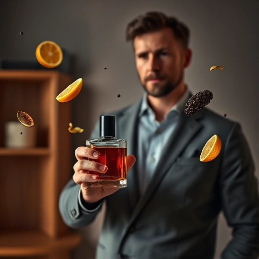 A sophisticated man in a modern setting, holding a sleek glass perfume bottle with a dark, elegant cap, standing near a minimalist wooden shelf with subtle hints of citrus, woody, and spicy notes visualized as floating abstract elements — orange zest, cedar shavings, and black pepper grains — softly glowing in the air around him, warm ambient lighting, high detail, photorealistic, smallHQ style