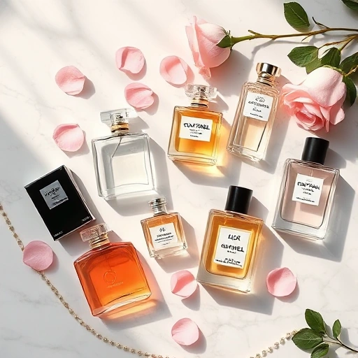 A luxurious flat lay composition featuring elegant perfume bottles from popular fragrance brands such as Chanel, Dior, Guerlain, Tom Ford, and Yves Saint Laurent, arranged artfully on a marble surface with soft natural lighting, delicate rose petals, and subtle gold accents, evoking sophistication and high-end beauty