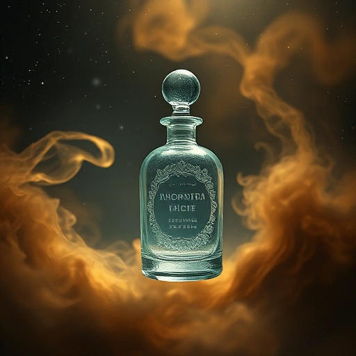A mystical perfume bottle floating in a dark, starry void, surrounded by swirling golden mist and faint silhouettes of ancient mythological figures like Aphrodite and Hermes, soft ethereal lighting, intricate glass details with floral engravings, no text or labels visible, dreamlike and elegant atmosphere