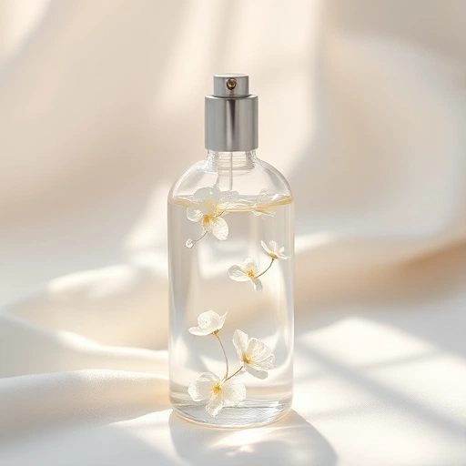 A delicate glass perfume bottle with a light, airy design, filled with clear liquid and floating tiny white flower petals and dewdrops, placed on a soft white linen surface with morning sunlight streaming in, evoking lightness and freshness, minimalist composition, soft pastel tones, ethereal atmosphere