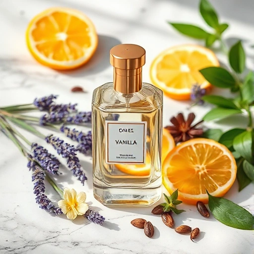 A luxurious perfume bottle made of clear glass with a golden cap, surrounded by natural ingredients like lavender flowers, vanilla beans, citrus slices, and green leaves, arranged elegantly on a marble surface with soft natural lighting