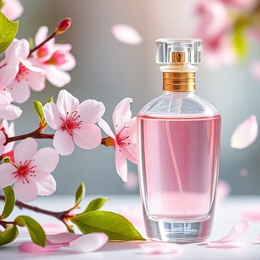 A delicate spring perfume scene featuring blooming cherry blossoms, fresh green leaves, and a crystal glass perfume bottle with a light pink liquid, surrounded by floating petals and soft morning light, evoking elegance and renewal