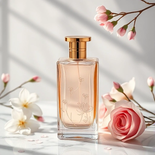 A modern perfume bottle with elegant glass design, golden cap, and delicate floral patterns, placed on a marble surface with soft natural lighting, surrounded by blooming flowers like jasmine and rose, subtle mist of fragrance in the air, luxurious and refined atmosphere