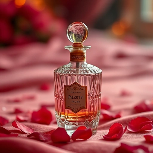 An elegant vintage perfume bottle with intricate glass design, golden accents, and a delicate spray nozzle, placed on a soft velvet surface with scattered rose petals and a faint mist of fragrance in the air, warm ambient lighting, luxurious and serene atmosphere