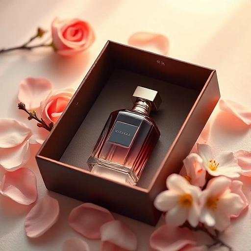 An elegant gift box with a perfume bottle inside, surrounded by soft floral elements like rose petals and jasmine blossoms, warm ambient lighting, luxurious texture, minimalist composition, no text or labels visible