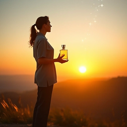 A confident person standing on a hill at sunrise, holding a sleek perfume bottle that glows softly with golden light, symbolizing belief in the future, with abstract trails of light and stars forming upward into the sky, minimalist and elegant composition, soft focus background, ethereal atmosphere