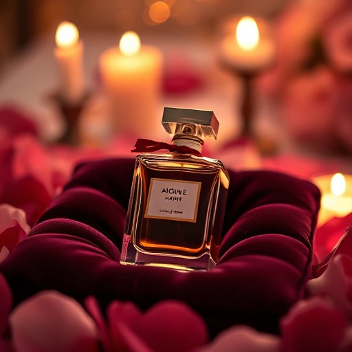An elegant perfume bottle on a velvet cushion, surrounded by soft rose petals and candlelight, evoking romance and celebration for a special occasion like an anniversary or first date, luxurious and intimate atmosphere, shallow depth of field, warm golden lighting