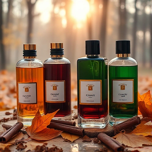 An elegant autumn perfume display featuring glass bottles with warm amber, deep burgundy, and forest green liquids, surrounded by fallen maple leaves, cinnamon sticks, and soft golden hour light filtering through misty trees, evoking sophistication and seasonal transition