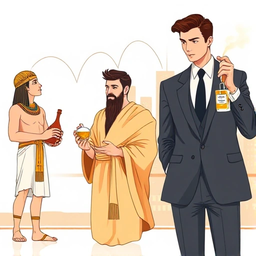 A timeline illustration showing the evolution of men's perfume from ancient times to the present day: on the left, an ancient Egyptian nobleman holding a clay perfume vessel with hieroglyphs; in the center, a Roman aristocrat using a glass ampoule with olive oil and myrrh; on the right, a modern man in a sleek suit spraying a minimalist glass cologne bottle against a city skyline backdrop; subtle aromatic waves or scent trails connect the three eras, blending into one another; soft golden lighti