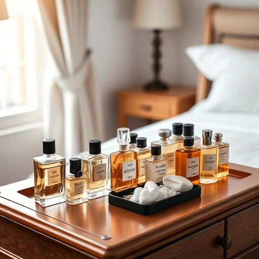 A neatly arranged collection of perfume bottles on a wooden vanity table, with soft natural light from a nearby window, some bottles capped and others slightly open, surrounded by a few cotton pads and a small tray, all in a clean, elegant, and minimalist bedroom setting, emphasizing proper storage conditions like cool temperature and protection from sunlight