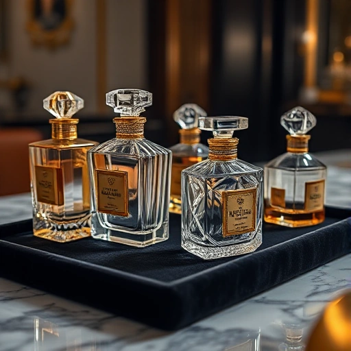 A luxurious display of the world's most expensive perfumes: crystal bottles with intricate gold and diamond embellishments, arranged on a velvet black tray under soft spotlight lighting, with faint reflections on a polished marble surface, evoking opulence and exclusivity