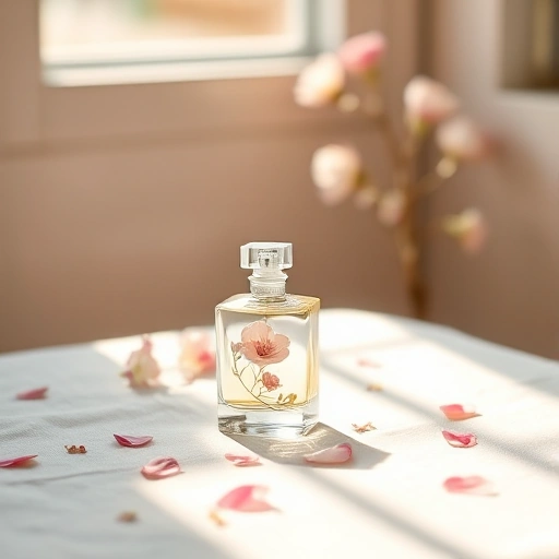 A serene, minimalist scene featuring a single elegant glass perfume bottle with a delicate floral design, resting on a soft white linen cloth, surrounded by subtle hints of blooming flowers like jasmine and rose petals gently floating in the air, warm natural daylight filtering through a nearby window, creating soft shadows and a tranquil, luxurious atmosphere