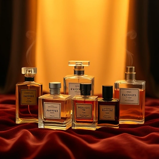 A luxurious display of iconic perfume bottles from different eras arranged on a velvet surface, with soft golden lighting highlighting their elegant designs, subtle floral and woody notes visually suggested through delicate wisps of scent in the air, evoking timeless sophistication and olfactory artistry