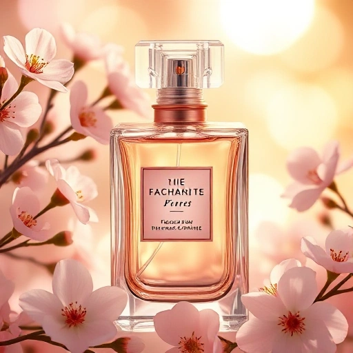 A luxurious perfume bottle with elegant glass design, surrounded by blooming flowers and soft golden light, evoking sophistication and new fragrance releases on the market
