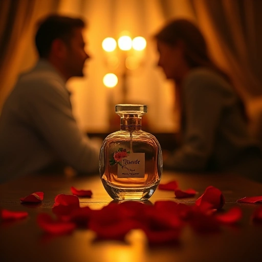 A romantic evening scene with a couple sitting at a small wooden table under soft candlelight, a delicate glass perfume bottle with a floral design and golden cap placed between them, rose petals scattered on the table, warm amber glow, shallow depth of field, intimate and serene atmosphere