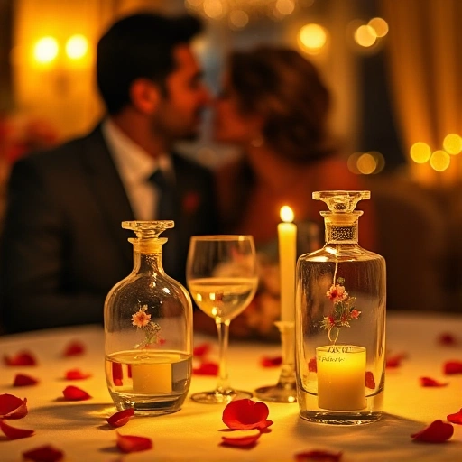 A romantic evening scene with a couple sitting at a candlelit table, soft golden lighting, rose petals scattered on the table, two elegant perfume bottles with delicate glass and floral designs placed beside wine glasses, blurred background of a cozy indoor setting with warm ambient glow, intimate and sensual atmosphere, no text, no logos, no modern electronics