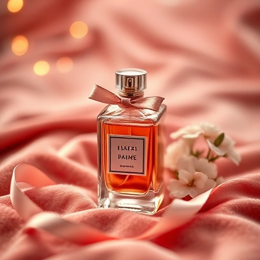 A beautifully wrapped perfume bottle as a gift, placed on an elegant velvet surface with soft ribbon and subtle floral accents, warm ambient lighting, no text or labels visible, high detail, smallHQ style