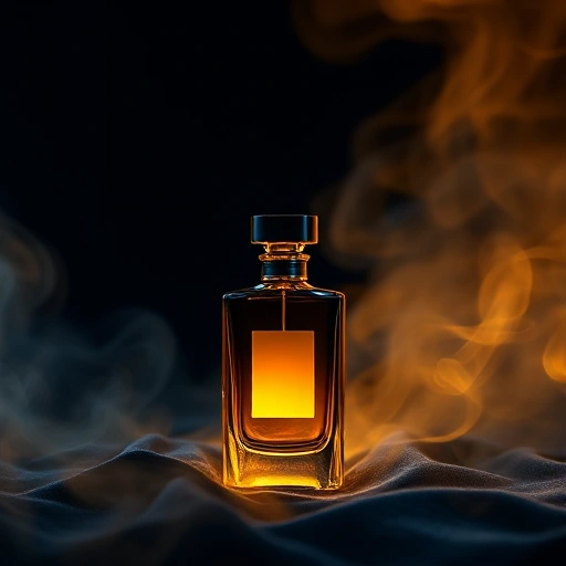 A luxurious perfume bottle with a unique, artistic design, glowing softly on a dark velvet surface, surrounded by abstract swirls of golden and deep blue mist, evoking exclusivity and individuality, minimalist yet opulent, high detail, cinematic lighting