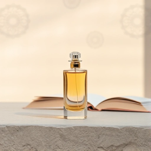 A minimalist, serene composition featuring a single elegant glass perfume bottle with soft golden liquid inside, placed on a smooth stone surface under gentle natural light, surrounded by faint floating symbols of ancient wisdom like subtle mandala patterns and open books in the background, evoking introspection and the search for life's meaning, in a calm, muted color palette of beige, soft gold, and dove gray