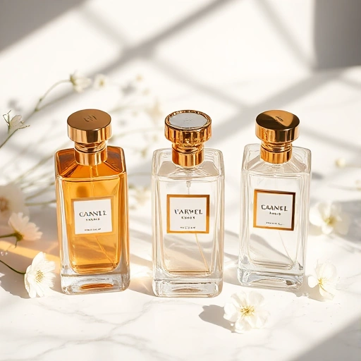 A luxurious perfume display featuring elegant glass bottles with golden caps, arranged on a marble surface with soft natural lighting, surrounded by delicate white flowers and subtle sparkles, evoking sophistication and high-end fragrance brands