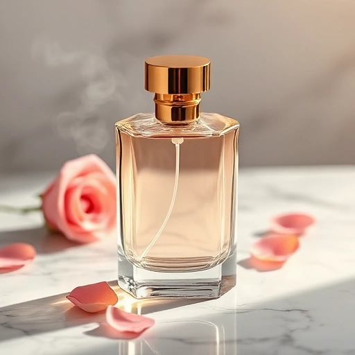 A modern, elegant perfume bottle with a sleek glass design, golden cap, and soft glowing light reflecting off its surface, placed on a marble surface with delicate rose petals and a faint mist of fragrance in the air, luxurious and minimalist composition, high detail, soft natural lighting