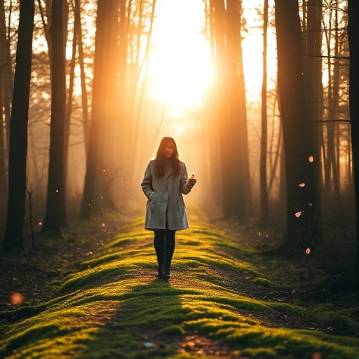 A serene forest path at golden hour, with soft sunlight filtering through tall trees, a person walking leisurely along a moss-covered trail, wearing a light coat and holding a small bottle of perfume, subtle fragrance notes visualized as delicate floating petals and mist in the air, peaceful and contemplative mood, natural textures, shallow depth of field, high detail, realistic yet poetic