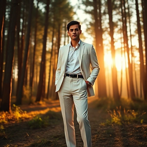 A confident person standing in a sunlit forest clearing, wearing elegant modern clothing, surrounded by floating translucent scent waves of jasmine, sandalwood, and bergamot, soft golden hour lighting, subtle aura of self-assurance, minimalist and serene atmosphere