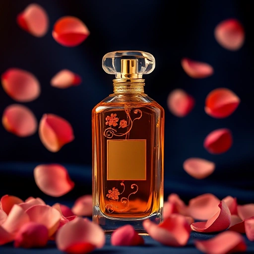 A luxurious perfume bottle with golden cap and delicate floral patterns, surrounded by floating rose petals and soft glowing light, elegant glass reflecting warm amber tones, on a velvet dark blue background, high detail, photorealistic, smallHQ style
