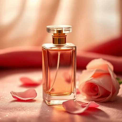 An elegant perfume bottle made of clear glass with a golden cap, placed on a soft velvet surface in warm ambient lighting, surrounded by delicate rose petals and subtle sparkles, evoking luxury and appreciation of beauty