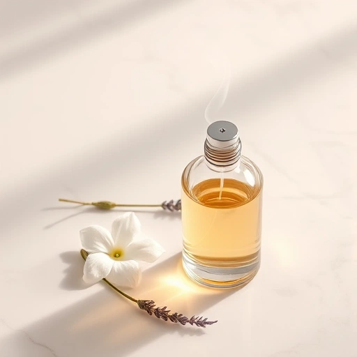 A serene and elegant composition featuring a delicate glass perfume bottle with soft golden liquid inside, placed on a smooth white marble surface. Around it, subtle elements of nature: a single white jasmine flower, a sprig of lavender, and a faint wisp of aromatic smoke curling gently upward. The lighting is soft, diffused, and warm, evoking calm and balance. Minimalist, harmonious, and refined — no text, no logos, no people, no clutter.