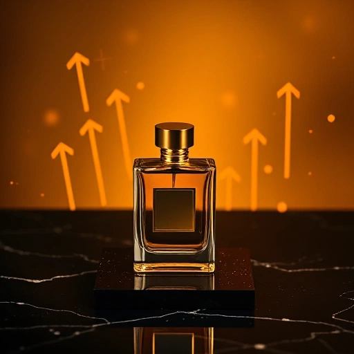A sophisticated perfume bottle with golden accents, placed on a sleek black marble surface, surrounded by floating abstract symbols of success — upward arrows, subtle constellations, and faint geometric patterns of achievement, all bathed in warm, luxurious amber light. The atmosphere is elegant, aspirational, and serene, evoking confidence and quiet ambition.