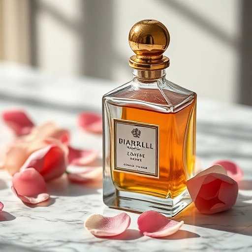 A close-up of a vintage perfume bottle with a golden cap, placed on a marble surface with soft natural light, surrounded by delicate rose petals and a faint mist of fragrance, evoking elegance and longevity