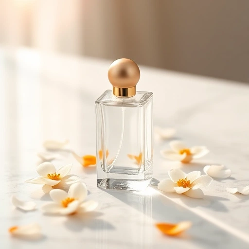 A serene, elegant perfume bottle made of clear glass with a soft golden cap, placed on a smooth white marble surface, surrounded by floating translucent petals of white jasmine and orange blossom, soft diffused natural morning light creating gentle lens flares, subtle bokeh in the background, evoking calm joy and inner peace, minimalist luxury aesthetic