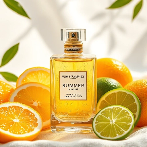A vibrant summer perfume bottle with fresh citrus notes, surrounded by sliced lemons, limes, and oranges, droplets of water glistening on the glass, soft sunlight filtering through a light linen background, evoking freshness and warmth