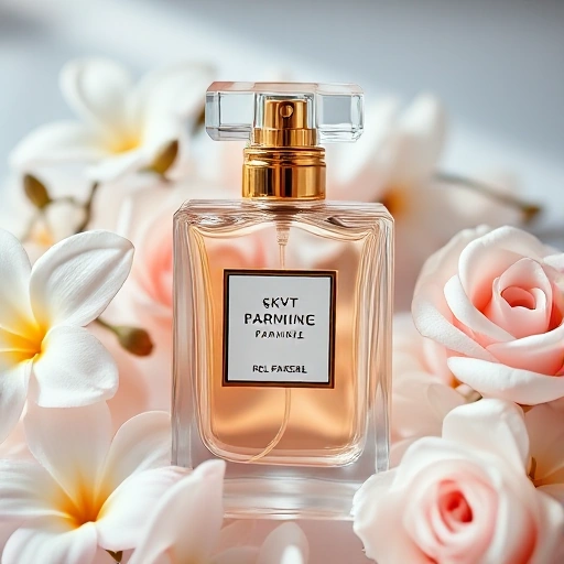 A luxurious perfume bottle for women, elegant glass design with golden accents, surrounded by delicate flowers like jasmine and rose, soft natural lighting, high detail, premium cosmetic product photography